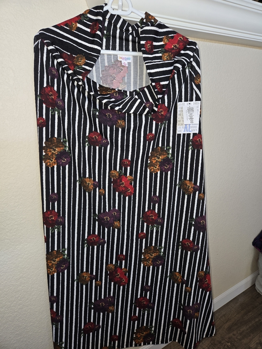 LuLaRoe Black & White Striped Maxi Skirt with Red, Purple, Gold Floral Print, XL